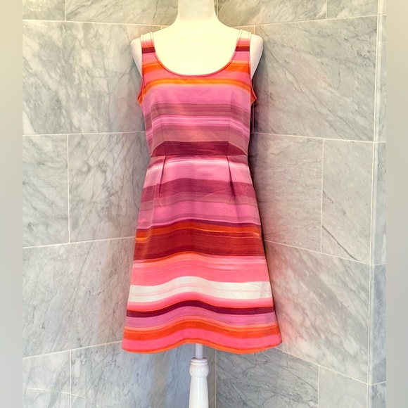 Loft Pink Multi-color Stripe Ribbed Satin Pocket Tea Dress size 8 - Picture 5 of 9